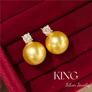 Ensemble de bijoux en argent King Silver, collier et boucles d'oreilles en perles dorées, argent sterling S925, bijoux de fête tendance - Product Image 3