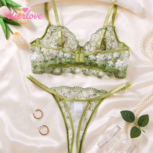 Ensemble de lingerie en dentelle vert sauge pour femmes, broderie de marguerites, soutien-gorge en maille, ensemble de string sexy, style français exotique, sous-vêtements 2 pièces - Product Image 2