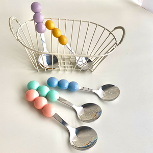 Cuchara creativa de acero inoxidable para dulces con cuentas coloridas para niños, juego de 3 piezas, cuerpo recto, utensilios de color sólido - Product Image 2