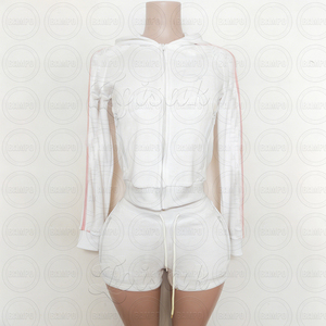 Completo da <span class=keywords><strong>donna</strong></span> in <span class=keywords><strong>velluto</strong></span> a due pezzi con giacca con zip e pantaloncini, design a righe a contrasto, all'ingrosso OEM - Product Image 6