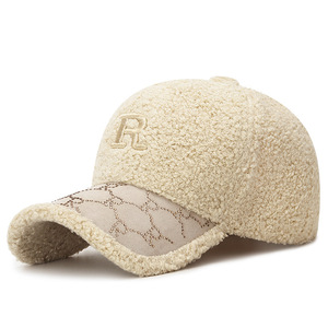 Teddy Bear Fleece Baseball Cap Light Beige Embroidered R Letter Unisex Warm Winter Hat - Product Image 1