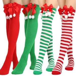 Chaussettes de Noël pour femmes, au-dessus du genou, avec nœud et pompon, rayées rouge et vert, bas cuissardes d'hiver - Product Image 1