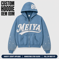 Hoodies Homme Bleus Personnalisés 420GSM, Style Varsity, avec Applique Script, Manches Ornées de Strass, Fermeture Éclair Intégrale, Coupe Courte Boxy, Broderie pour Streetwear