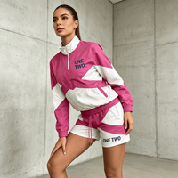 Ensemble court femme personnalisé avec pull à col montant demi-zip et short à taille élastiquée, color block