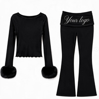 Ensemble 2 pièces long pour femme, coupe ajustée, haut à col bateau, pantalon évasé, détails strass, style doux, tissu éponge, vente en gros, commandes en gros