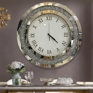 Silver Round Mirror Clock Crystal Crush Diamond Mirrored Sparkle Twinkle Bling Diamond Decor Large Wall Clock for Decoration