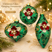 Ornements de Noël suspendus en verre personnalisés 8/10 cm, motif fleur verte et rouge, forme concombre moderne, boîte de fête pour la décoration de l'arbre de Noël