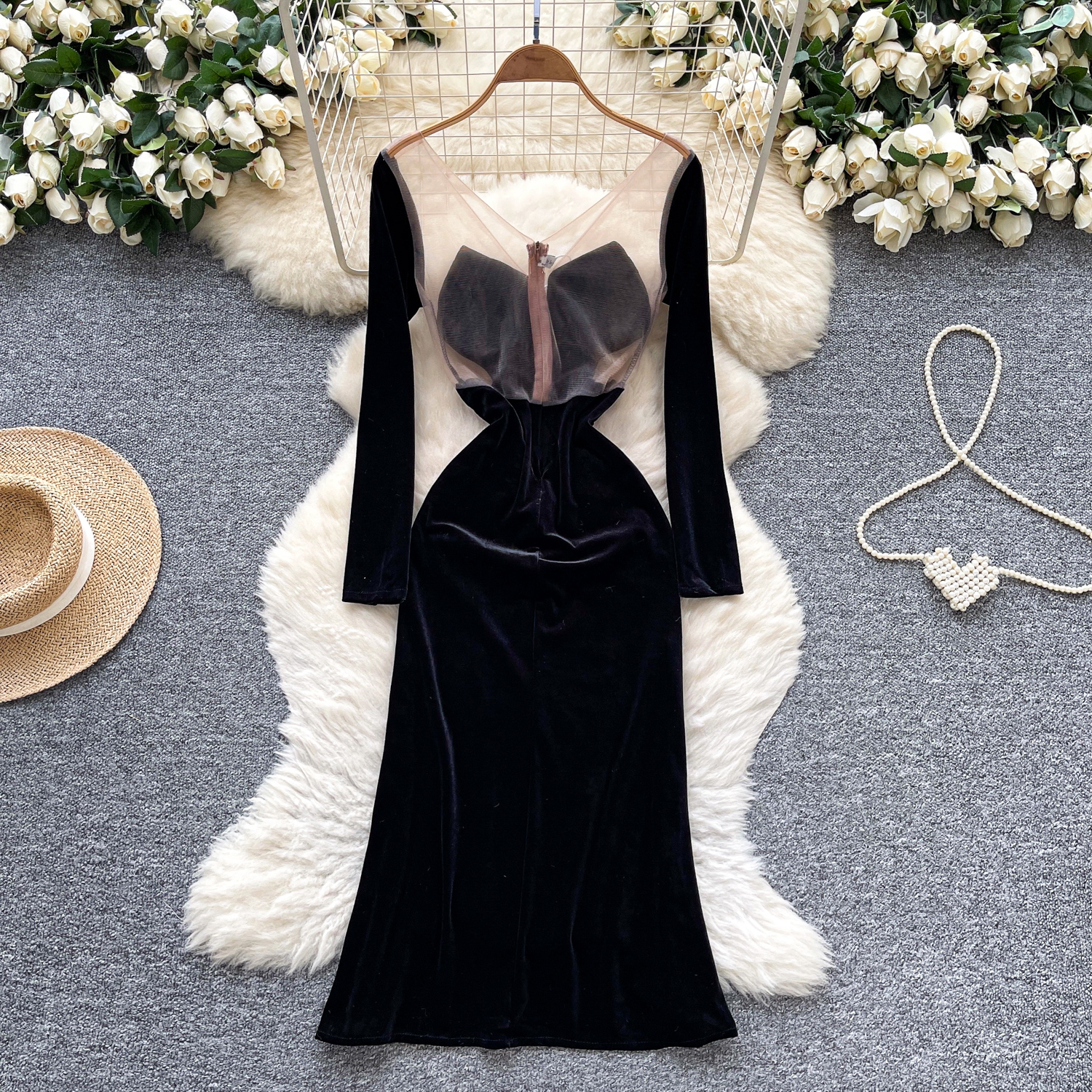 Wholesale Velvet Black Long Sleeve Evening Gown Luxury Pearls & Sequins |  Alibaba.com