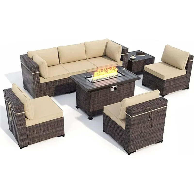 Altovis 8 pcs meubles d'extérieur PE osier rotin sectionnel canapé patio conversation ensemble avec gaz propane foyer table