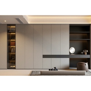 Armoire de chambre à coucher personnalisée beige et blanche, en <span class=keywords><strong>bois</strong></span>, 6 portes sans poignées, moderne, intégrée, grand rangement, du sol au plafond - Product Image 3
