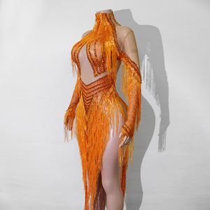 Body de Lujo Naranja con Flecos y Pedrería - Atuendo de Baile con Borlas Estilo Fuego para <span class=keywords><strong>Samba</strong></span>, Baile Latino, Festivales Rave y Diva del Carnaval - Product Image 3
