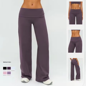 Pantalones Deportivos de <span class=keywords><strong>Pierna</strong></span> Ancha de Felpa para Mujer ZC121, Pantalones de Yoga con Cintura Plegable, <span class=keywords><strong>Pierna</strong></span> Acampanada, Sin Costura Delantera, Corte de Bota - Product Image 3