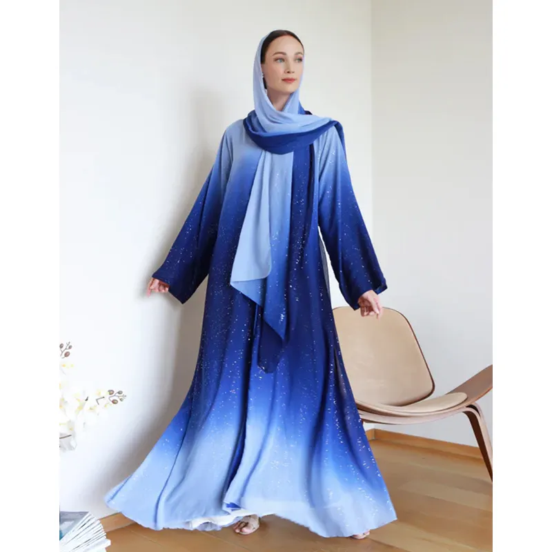 Abito in stile abaya aperto in tessuto glitterato con glitterato di ultima generazione dubai muslim cardigan kimono con uno scialle abbinato in omaggio