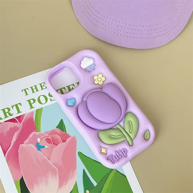 Good Quality Purple 3D Flower Design Silicone Protective Phone Case with Phone Stand for
