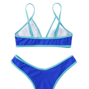 Conjunto de bikini de dos piezas para mujer, con cuello halter cruzado, ribete en contraste, corte alto elástico, traje de baño de spandex/poliéster para natación y deportes acuáticos - Product Image 5