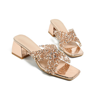 Elegant Black Rhinestone Heeled Sandals Square Toe Mid <b>Block</b> Heel Slip-On Summer Women Shoes Patent Leather PU Lining - Product Image 2