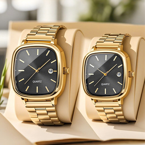 Montres de luxe en quartz pour couples, bracelet en acier inoxydable, cadran bleu, boîtier rond-carré de 40 mm. - Product Image 1
