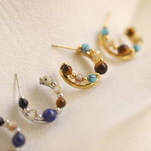 Pendientes de Piedra Natural de Ojo de Tigre, Pendientes con Patrón de Planeta de Piedra Natural, Pendientes de Acero Inoxidable Chapados en Oro - Product Image 1