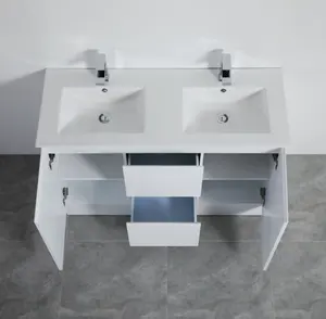 1200mm PVC bagno mobile stile bianco moderno Hotel colore lacca impermeabile vanità con i piedi per il design Australia doppia ciotola