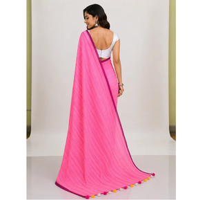 Sari de Algodón Rosa Mul para Mujer, Tejido Clásico a Rayas, Tela Suave y Transpirable, Elegante, Tradicional, para Festivales, Ropa Étnica - Product Image 1