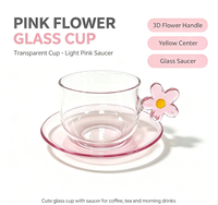 Set Cangkir & Piring Kaca Borosilikat dengan Gagang Bunga, Mug Bunga Pink yang Lucu, Cangkir Kopi Teh Tahan Panas untuk Dekorasi Meja Rumah Kafe.