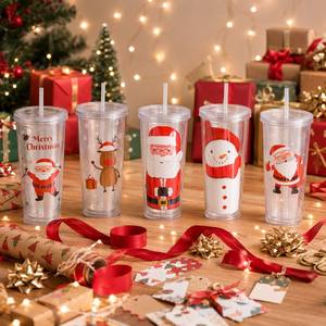 Christmas Stocking Stuffer Water Bottle 700ml Santa Reindeer Snowman Double Layer Straw Thermal Insulated Reusable Holiday Small - Product Image 1