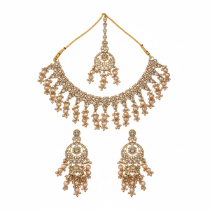 <b>Gold</b> Plated Pearl Bridal Shadow Choker Necklace <b>Set</b> Earrings Maang Tikka Ethnic Handmade High Quality Customized Latest Gift - Product Image 2