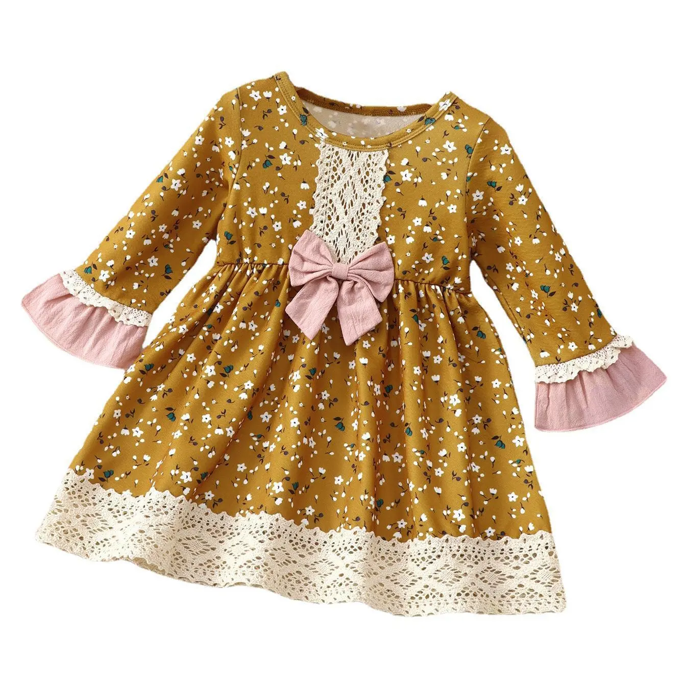 春秋の女の赤ちゃんのドレス6ヶ月白いレースのデザインフロック子供花柄スカート子供黄色のドレス
