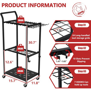 Wheeled <b>gardening</b> tool organizer, rolling patio tool rack, three-tier metal <b>trolley</b> outdoor garage storage cabinet - Product Image 2