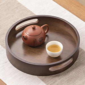Bamboo Serving <b>Tray</b> Round With Handle Walnut Color For Tea And <b>Snacks</b> Household Use - Product Image 3