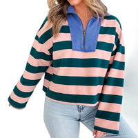 Sweat-shirt court rayé pour femme avec demi-zip, col contrastant matelassé, manches longues, pull décontracté, impression de logo personnalisée