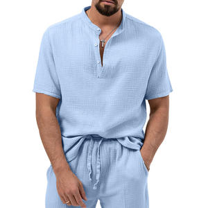 Camiseta de hombre 2024 de algodón, lisa, talla estadounidense, cuello en V, manga corta, con botones, bolsillo, color sólido, 180 gramos, transpirable, estilo vintage, informal, Henry - Product Image 3