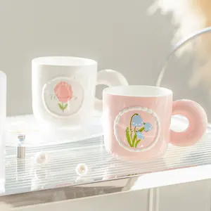 ins cute flower 380ml milk tea Ceramic cup cute elegant flower ceramic couple coffee mugs for gift