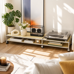 Mobile <span class=keywords><strong>TV</strong></span> Modulare Blu <span class=keywords><strong>in</strong></span> Metallo con Ruote, Supporto Multimediale Basso con Telaio Cromato, Tavolo Porta Giradischi per Soggiorno, Acciaio, Dimensioni e Colore Personalizzabili - Product Image 5