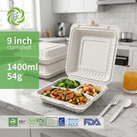 Contenitore per Pranzo Biodegradabile Usa e Getta a 3 Scomparti in Amido di Mais 9x9 (1400ml) Senza PFAS e BPA, Adatto al Microonde, per Asporto