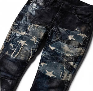 Jeans Rectos Wangsheng para Hombre, Cintura Media, con Parches de la Bandera Americana, Estampado de Estrellas y Rayas, Lavado Vintage, Spandex/Algodón - Product Image 4