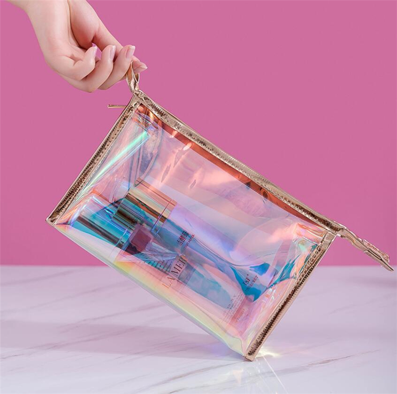 Luxury PVC bag Holographic Laser Plastic Ziplock bag Make Up Bag With Metal Zipper