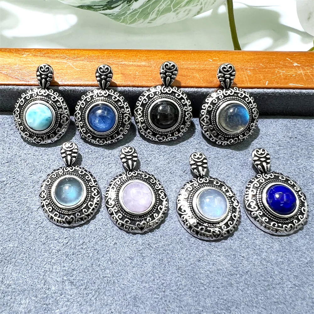 Retro jewelry antique silver larimar hypersthene lapis lazuli gemstone fashion round pendant wholesale classic design for women