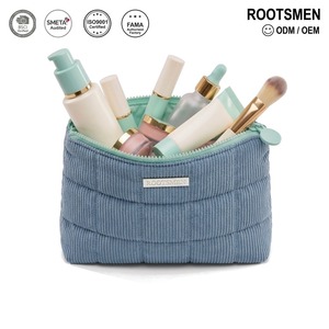 Bolsa de Maquillaje Plana de Pana Azul Polvoriento con Canalado Fino Acolchado, Estuche Cosmético Delgado con Cremallera Superior Mediana, Logotipo Personalizado OEM - Product Image 1