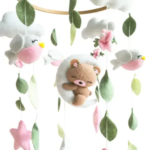 Customized Stuffed Cute Sleepy Bear Bird Hanging Soft Toy Felt Baby Nursery Wooden Crib Cot Mobile For Girls Kids Birthday Gift