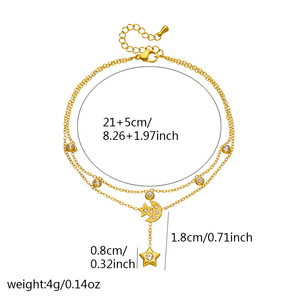 <b>Moon</b> Star Drop Double Layer Anklet Stainless Steel Gold Tone Paved <b>Crystal</b> Crescent Charm Round Rhinestone Bead Women Jewelry - Product Image 5