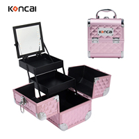 Organisateur de maquillage en aluminium à texture diamantée personnalisée, 3 niveaux, cantilever, étanche, avec poignée souple, étui cosmétique tendance, grande capacité