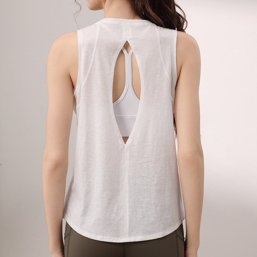 Cotton Sexy Backless Breathable Solid 180g Yoga Wear Sports Tank Top Womens Loose Fitness Sleeveless Running Long Cover-Up