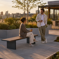 Banc de jardin moderne sans dossier, pieds de support plats en métal, assise longue en bois composite WPC pour jardin, place publique, aménagement paysager