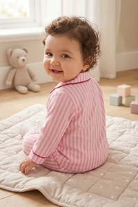 Conjunto de Pijama de 2 Piezas para Bebés Niñas, Camisa con Botones y Pantalones a Rayas Rosas, Cuello Camisero, Algodón Transpirable, Atuendo de Primavera - Product Image 3