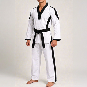 Uniforme de Taekwondo blanc pour homme, 100% coton respirant, coupe classique, vêtements d'arts martiaux pour adultes avec bordure noire et ceinture - Product Image 1