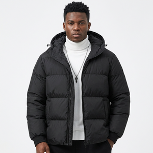 Men's <b>Winter</b> Hooded Puffer Jacket Solid Black Zipper Front Casual Windproof <b>Thick</b> Polyester Wadding <b>Coat</b> - Product Image 5