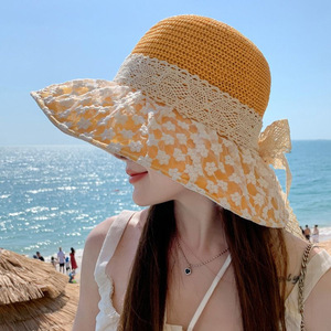 Sombrero de Paja Xi Boyu con Ala Ancha, Adorno de Encaje con Margaritas, Color Caqui con Bloques de Color, Plegable, Protección Solar para Vacaciones en la Playa - Product Image 3