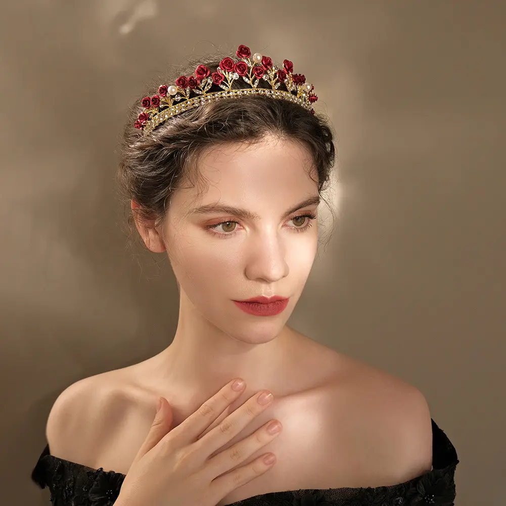 Yanyi Perhiasan Pernikahan Baru Mahkota Hiasan Kepala Pengantin Berlian Imitasi Aloi Mutiara Mawar Merah Cantik Barok