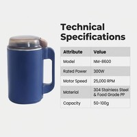 Moulin à épices électrique 300W, moteur haute vitesse, 8 lames, bol en acier inoxydable 304, commande à une touche pour café, noix, céréales